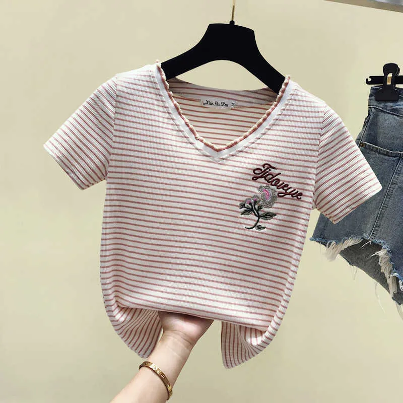 Embroidery T-Shirt Cotton Striped V Neck T Shirt Women Ladies Tshirt Summer Top Female Short Sleeve Casual Tee Shirt Femme 210604