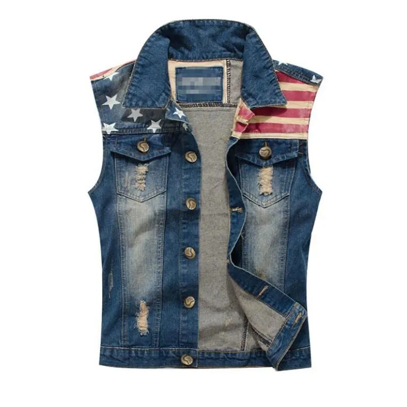 Men's Vests Plus Size 5XL American Flag Casual Cotton Jeans Sleeveless Jacket Men Dark Blue Denim Cowboy Vest Mens