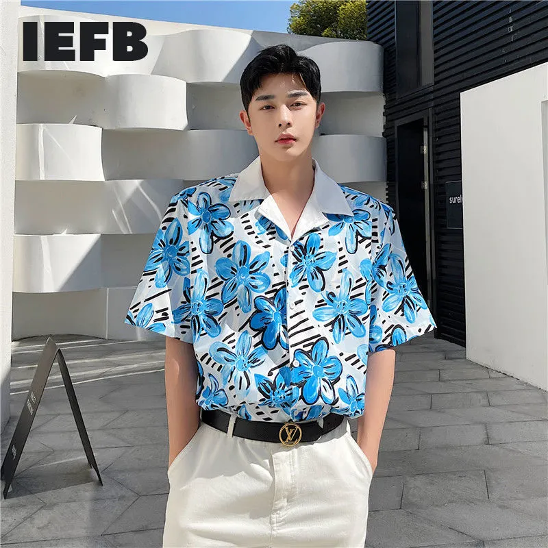 IEFB Net Röd Samma Koreanska Kortärmad tryckt skjorta Mäns Nischdesign Halsband Färg Matchning Lös Top P65 210524
