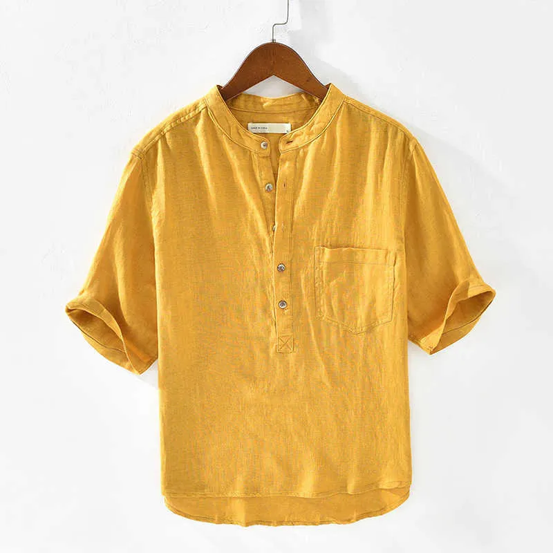 Pur lin chemises à manches courtes pour hommes poche unique mode décontracté jaune hauts blancs mâle été pull vêtements 210601