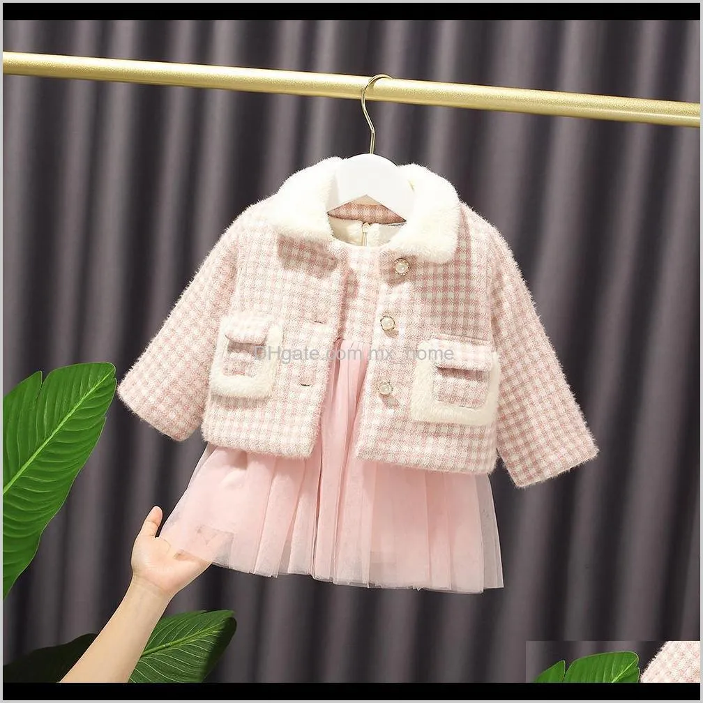 winter baby girl`s sweet plaid dress + jacket warm fluffy dress fashion fur collar princess suit kids 201028