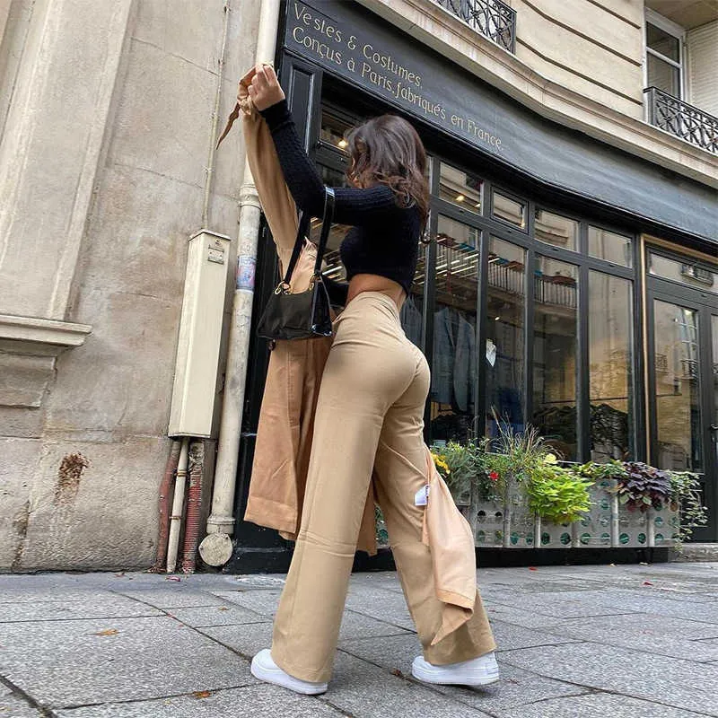 High Waist Solid Zip Up Botton Wide Leg Pants Spring jeans Women Fashion  Streetwear Casual Trousers Office Lady Sexy Slim 210720