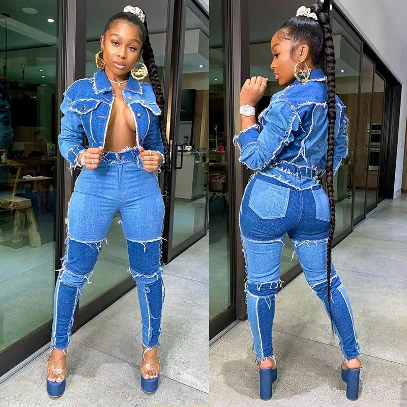 Tracksuits das mulheres azuis denim dois pedaços de jeans terno para mulheres manga comprida jaqueta colheita cuecas 2 club outfits conjuntos de correspondência