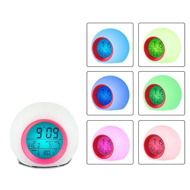 LED despertador luz estudante relógio digital termômetro 7 cores mudando noite luz luz brilhante relógios de cabeceira para crianças mesa de quarto