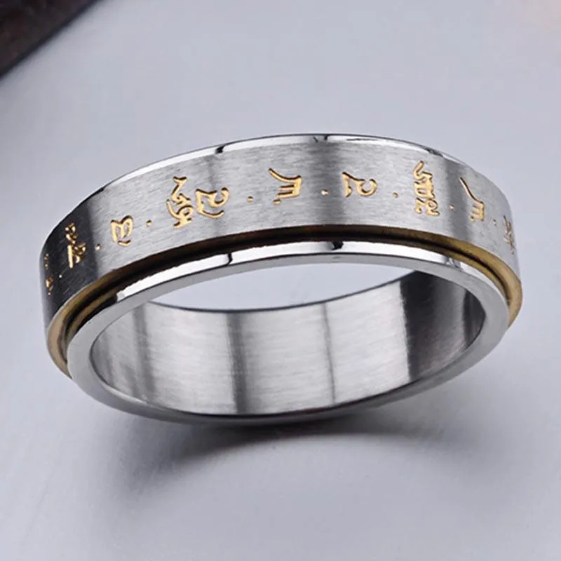 Fashion Men Buddha Rotation Spinning Mantra Letter Ring Titanium Steel Fine Jewelry Gift LL@17 Cluster Rings