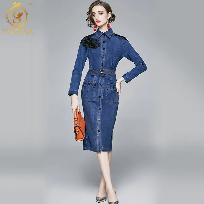 Mulheres Outono e Inverno Vintage Denim Vestidos de Alta Qualidade Manga Longa Elegante Designer Runway Single-Breasted Blue Vestidos 210520