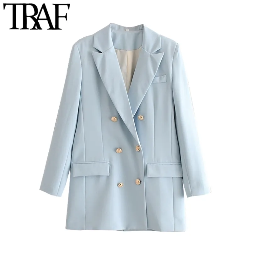 TRAF Women Fashion Office Wear Double Breasted Blazer Coat Vintage Long Sleeve Back Vents Female Outerwear Chic Tops 210930