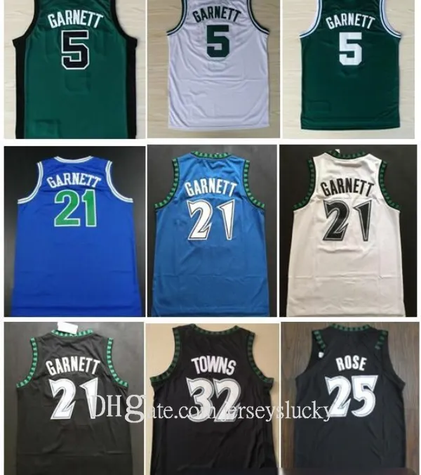 최고 품질 #21 Kevin Garnett Jerseys 블랙 블루 화이트 스티치 셔츠 Derrick 25# Rose Jersey Karl-Anthony 32# Towns Andrew 22# Wiggins