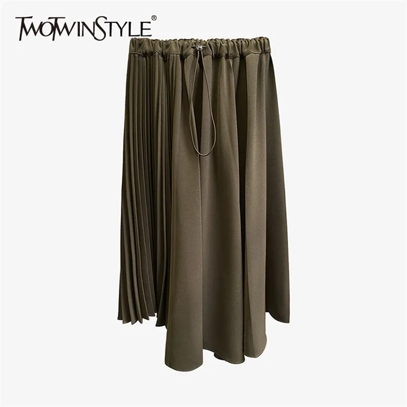 Ruched oregelbunden hem kjol för kvinnor hög midja elastiska casual midi kjolar kvinnliga fall mode kläder 210521