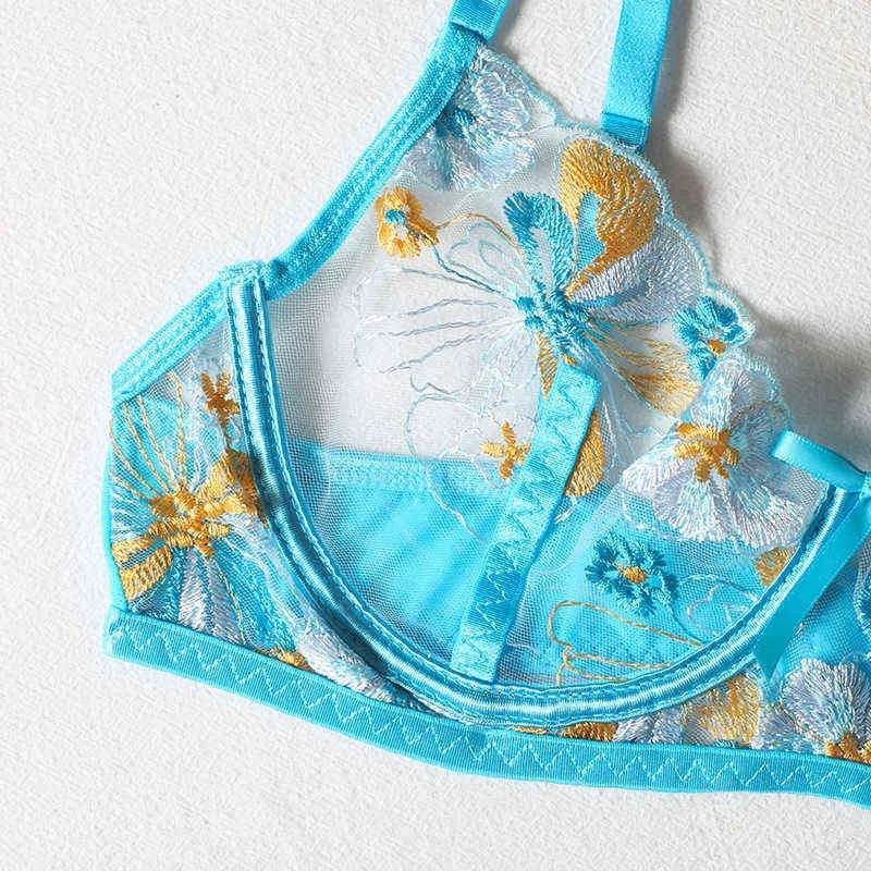 Blue Floral Embroidered Lace Bra And Thong Set NXY Sexy Lingerie