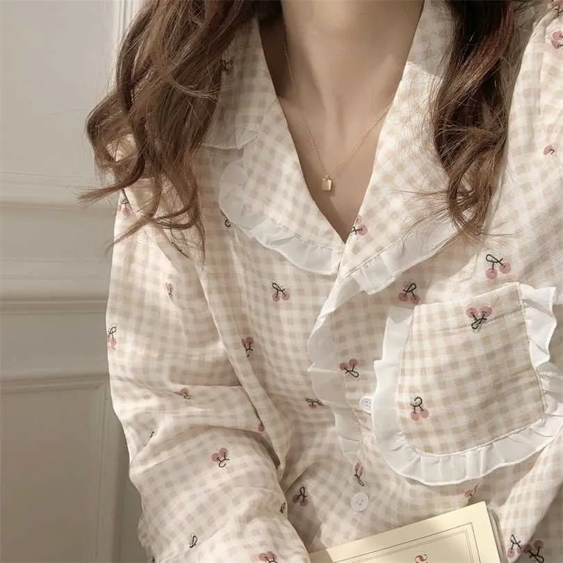 Qweek pyjamas för kvinnor koreanska sommar loungewear sleepwear set ruffle pijama japanska hemdräkt pyjamas körsbärs print pizama 211215