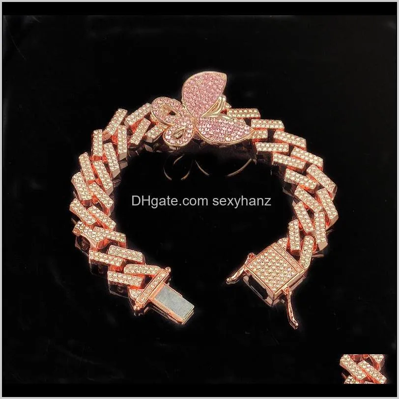 iced out diamond women bracelets chain jewelry zircon stripe type cuban link chain gold silver pink butterfly bracelets