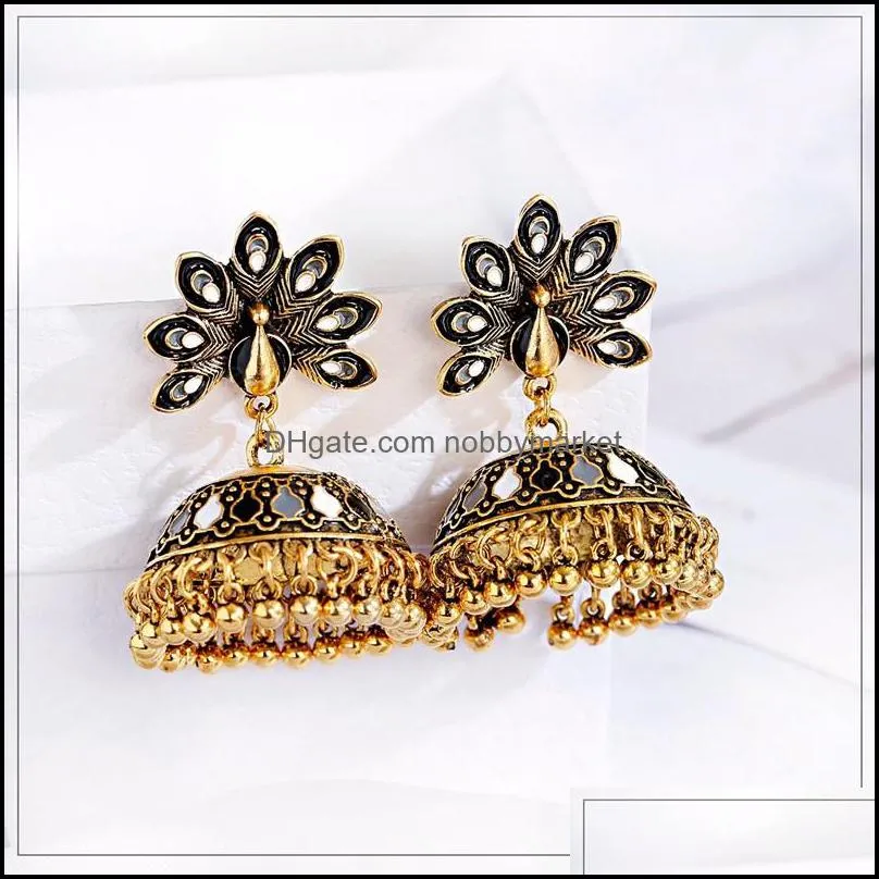 Vintage Antique Indian Peacock Carved Jhumka Jhumki Earrings Women Boho Ethnic Gold Bells Earring Jewelry