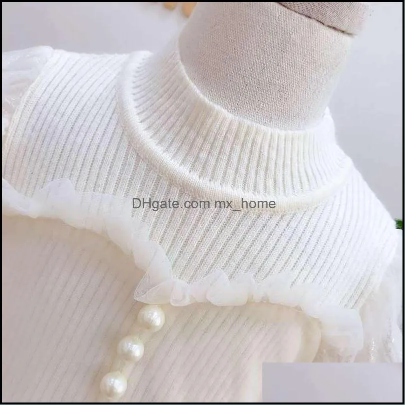 Girls knitted splicing gauze puff sleeve dress kids Pearl lace tulle Net yarn dresses Spring Autumn children princess clothing Z5603