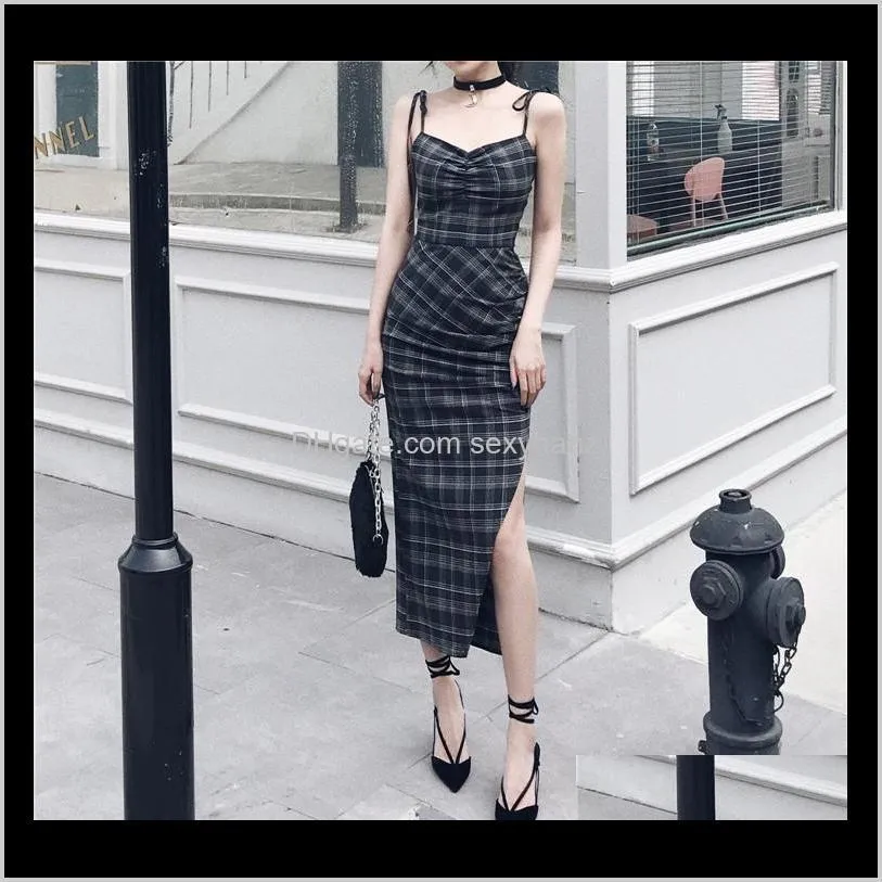 ruibbit punk gothic women summer black plaid sexy deep v-neck dress party club wear dark halter high waist split dresses elegant