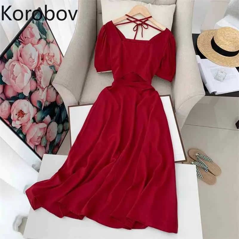 Korobov Vintage Colletto quadrato Manica corta Abito donna Coreano Chic Backless Scava fuori Dreses femminile Solido allacciatura Vestidos 210430