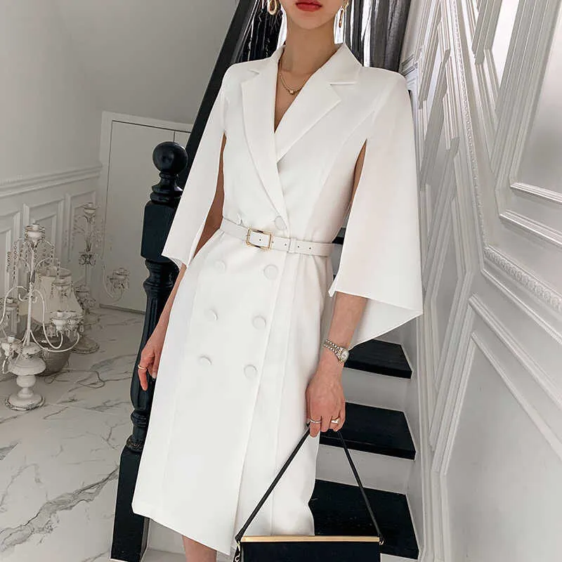 Korean Chic Temperament Elegant Slim Split White Flying Sleeve Notched Double Breasted Suits Dress Women Mid Black Blazers 210610