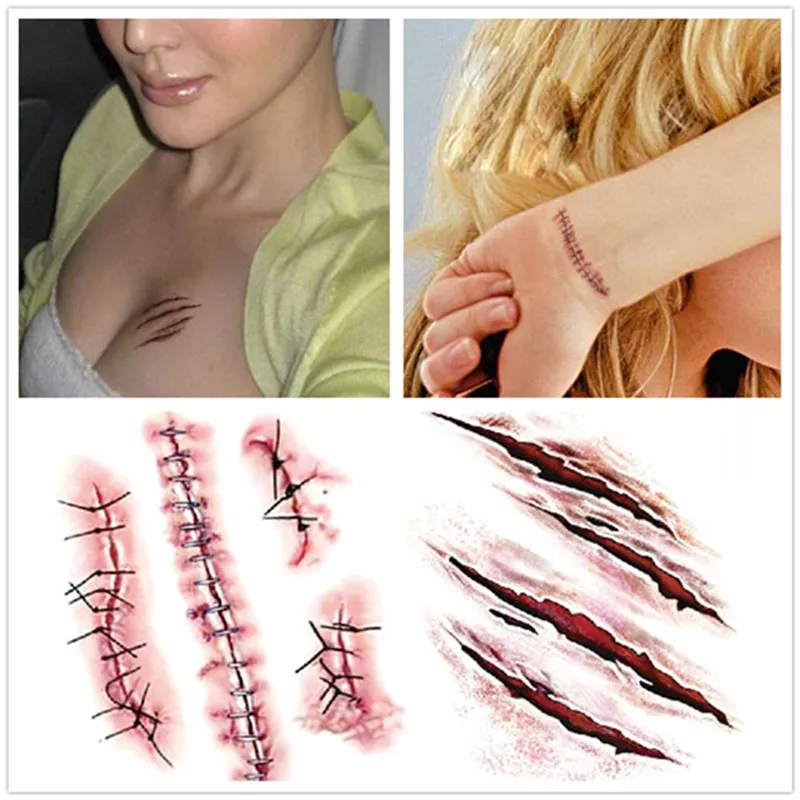 Tillfälliga fakes tatuering klistermärke skrämmande sårblod skada ärr falska tatueringar dekaler för arm ansikte bodys ben tonåringar barns fest halloween makeup art 3pcs / set