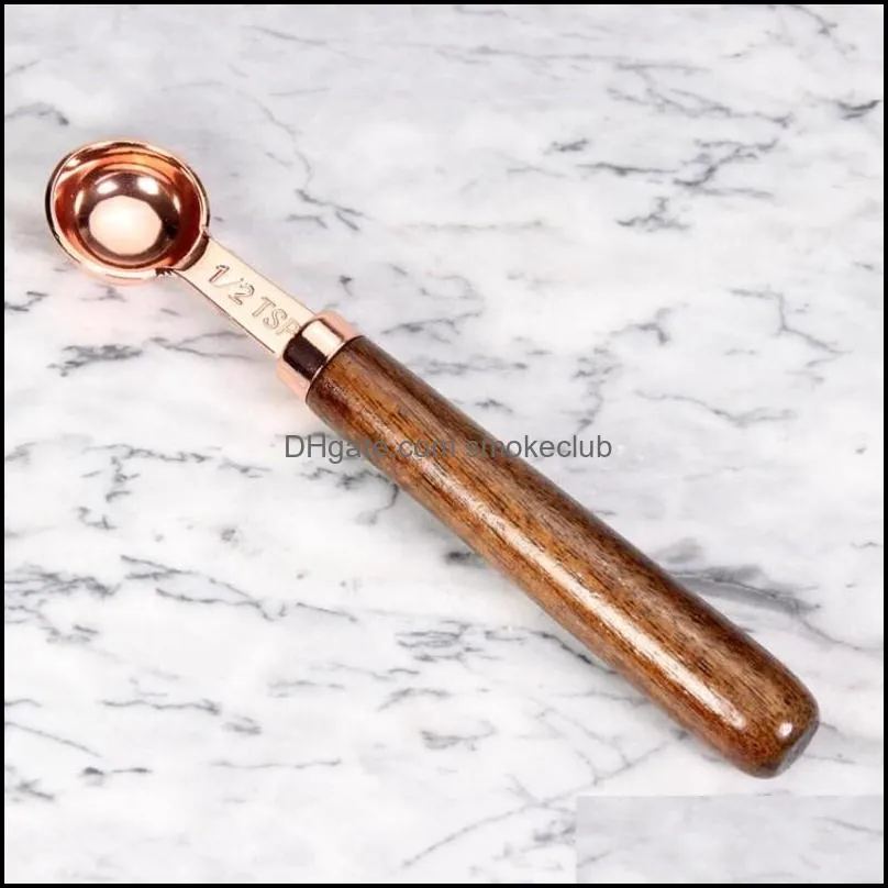 4pcs/set Rose Gold Measuring spoons Scoop Walnut Wooden Handle Kitchen Tool Plating