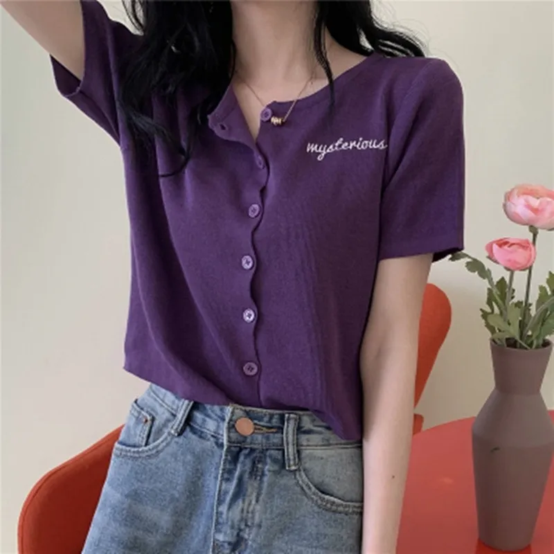5 색 여름 한국 스타일 편지 자수 싱글 브레스트 버튼 니트 T 셔츠 Womens 티셔츠 Femme (L910) 210423