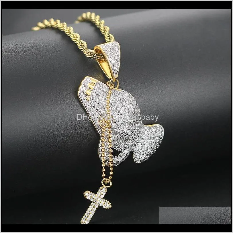 hip hop rapper iced out praying hand pendant necklaces for men women gold color charm jewelry necklace chain on the neck ohp016