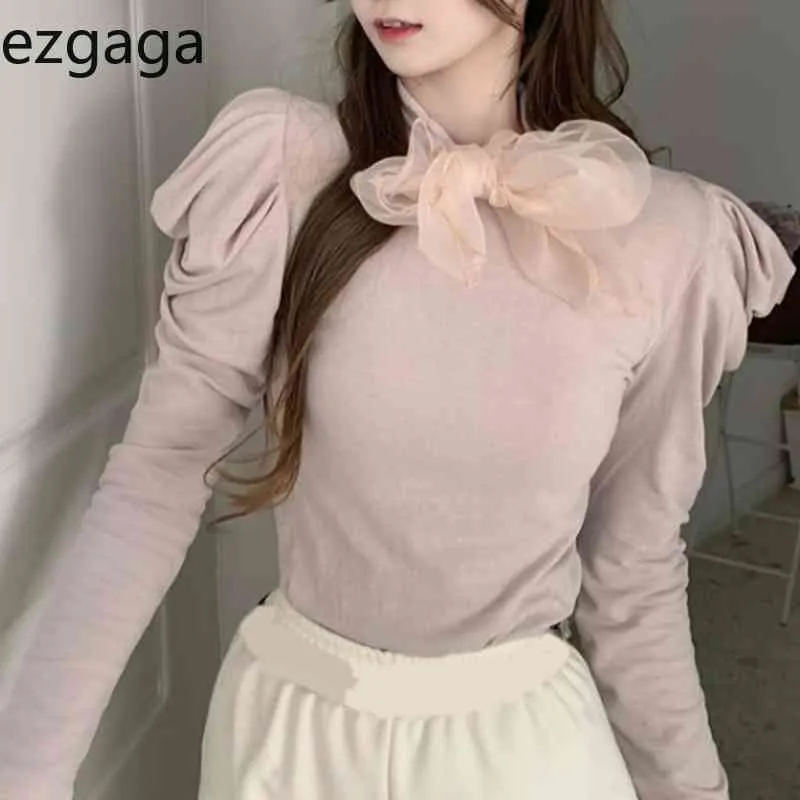 Ezgaga Elegant Tshirts Kvinnor Bowknot Avtagbar Slim Puff Sleeve All-Match Solid Base Office Lady Korean T Shirts Fashion Tops 210430