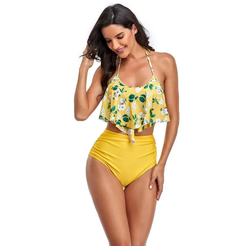 Mulheres de roupas de banho femininas Mulheres Retro Retro Cintura de duas peças Halter babados Fluxo Summer 2021 Bathing Suit de maiô Bikinis Roupas femininas