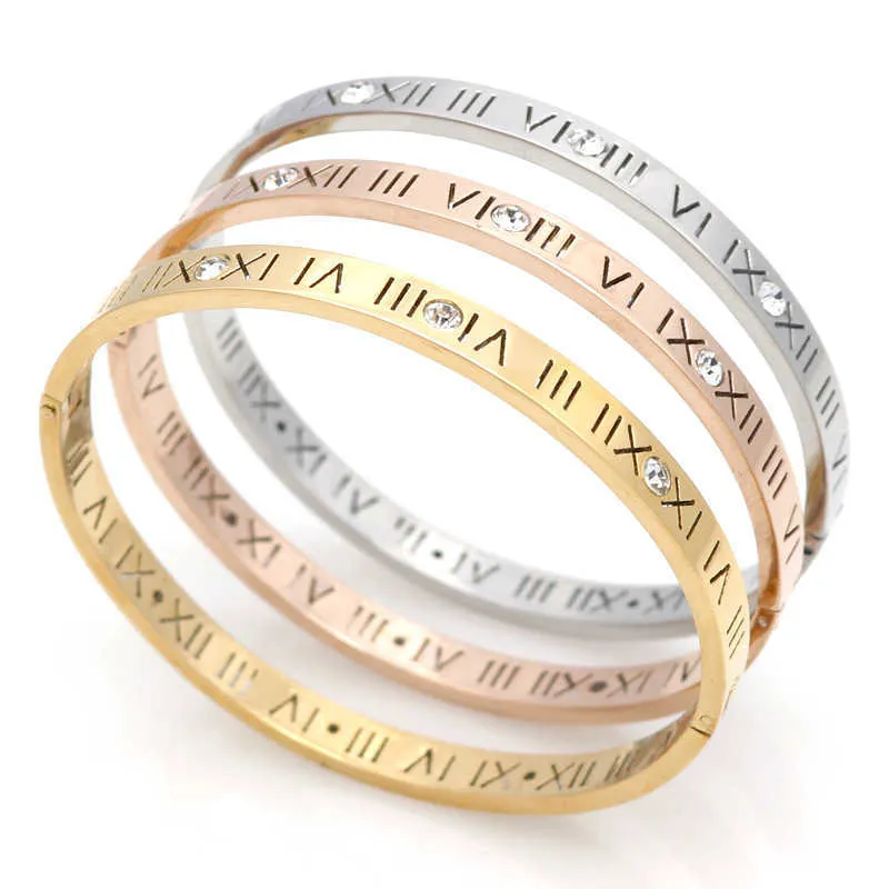 Fashion Opening Titanium Steel Bangles Crystal Rose Gold White Gold Bangles Roman Numerals Women's Bracelet Q0717