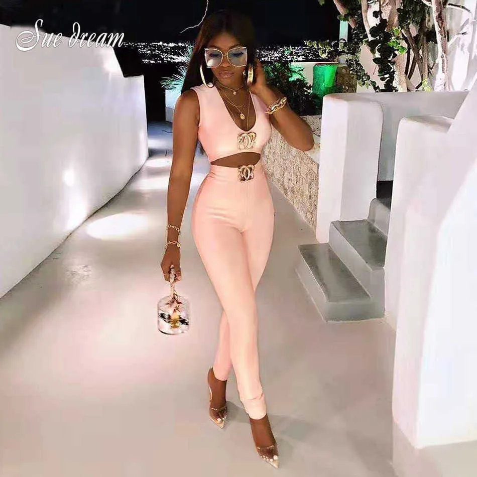 2021 Summer New Women'S Fashion Sexy 2 Piece Two-Piece Set Sleeveless Bandage Long Pants Metal Diamond Buckle Club Party Set Y0625