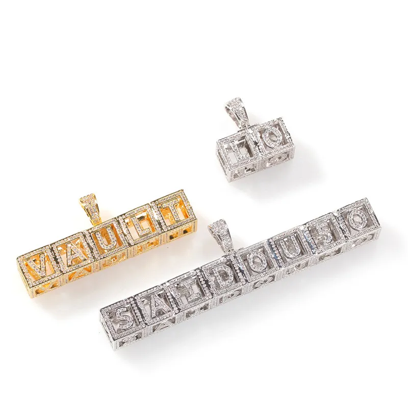 Hotsale plaqué or Bling CZ dés boîte nom personnalisé lettre pendentif collier avec 3mm 24 pouces corde chaîne collier pour hommes femmes