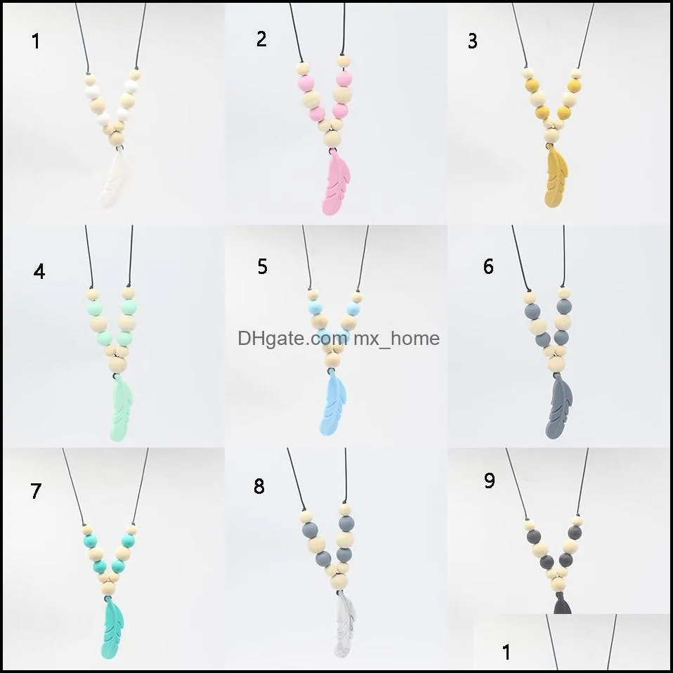 Baby Teething Toy Silicone+Wood Training kids Teethers Necklace Feather Pendant Necklace Chewing Toys Gifts Beads Pacifier C670