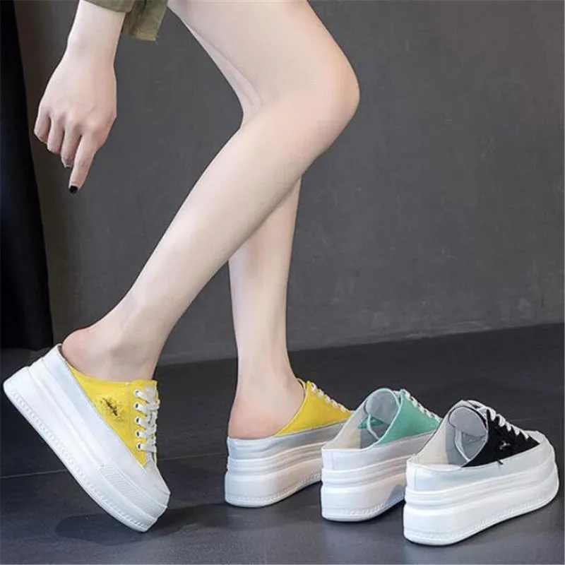 Tofflor 2021 Sommar Öppna Heels Backless Loafers Kvinnor Platform Wedges Canvas Casual Skor Kvinna Andningsbara Sneakers Vit