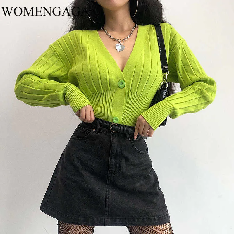 WOMENGAGA Fille Femelle Apple Vert Taille Haute Taille Courte Bat Manches Longues Lâche Cardigan Tops Sweatr Fold Stripe Femmes EEO9 210603