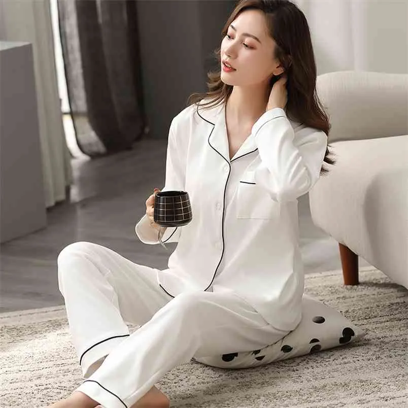 100% Cotton Pajamas for Women PJ Full Sleeves Pijama Mujer Invierno Button-Down Winter Sleepwear Set White Pyjamas 210830