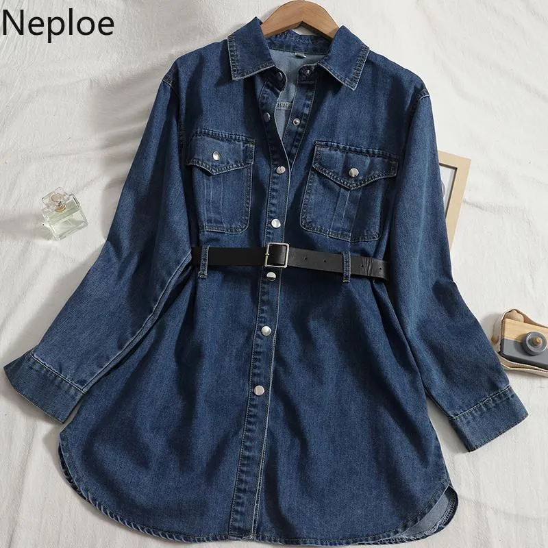 Robes décontractées Neploe 2021 pour les femmes mode coréenne tempérament Denim chemise Mini robe ceintures poche taille mince Cowboy Vestidos Mujer
