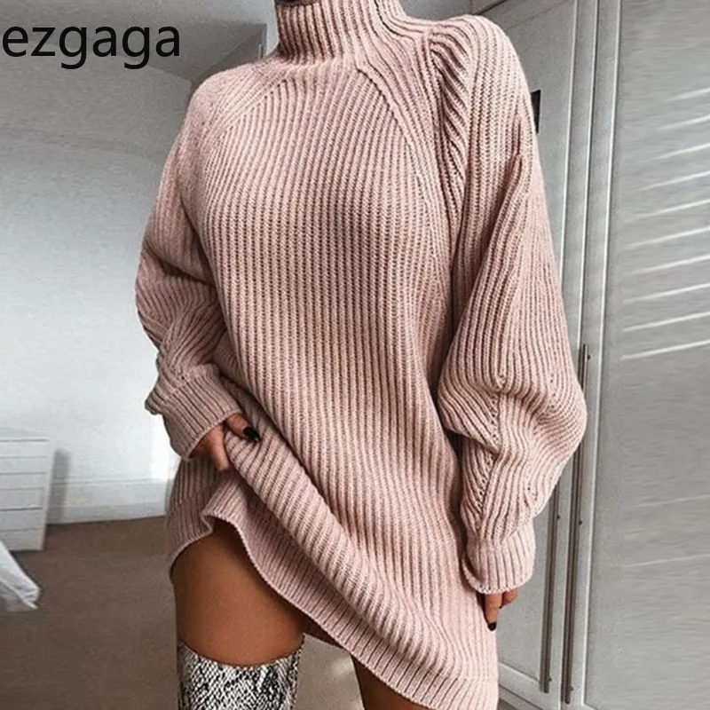 Ezgaga Mini Dress Sweater Kvinnor Långärmad Höst Vinter Turtleneck Solid Sticka Klänningar Elegant Varm Loose Stretch Casual 210430
