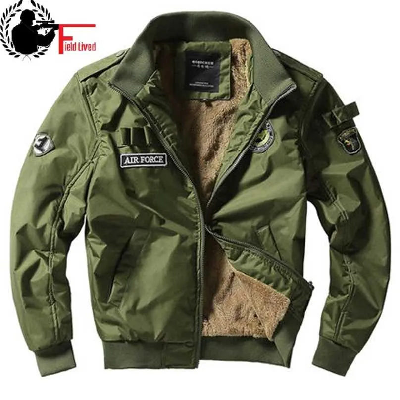 Bomber Jacket Ma1 Air Force Pilot Casual Arrival Military Style Men Thick Fleece Velvet Coat Winter Male Green Blue Khaki 211217