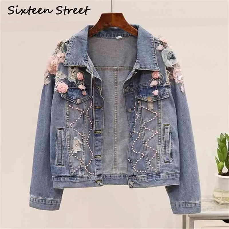 Höstkvinna Denim Jacka Beading Rose Floral Broderi Vintage Loose Coat Woman Light Blue Casual Outfit 210603