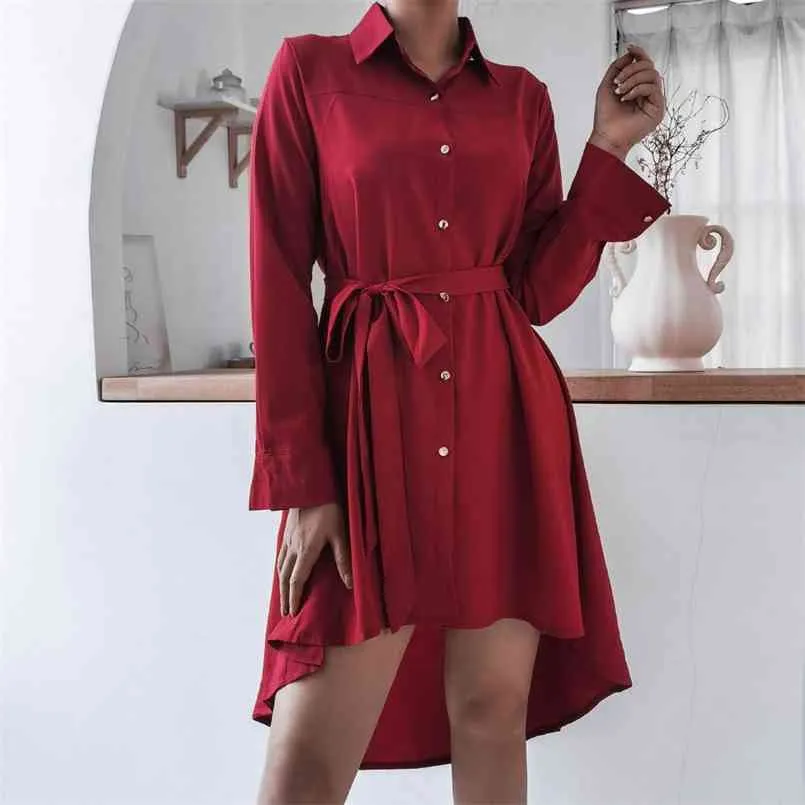 Otoño Invierno gasa A-Line camisa mini vestido elegante mujer manga larga asimétrica plisada casual camisa vestido Oficina señora 210508