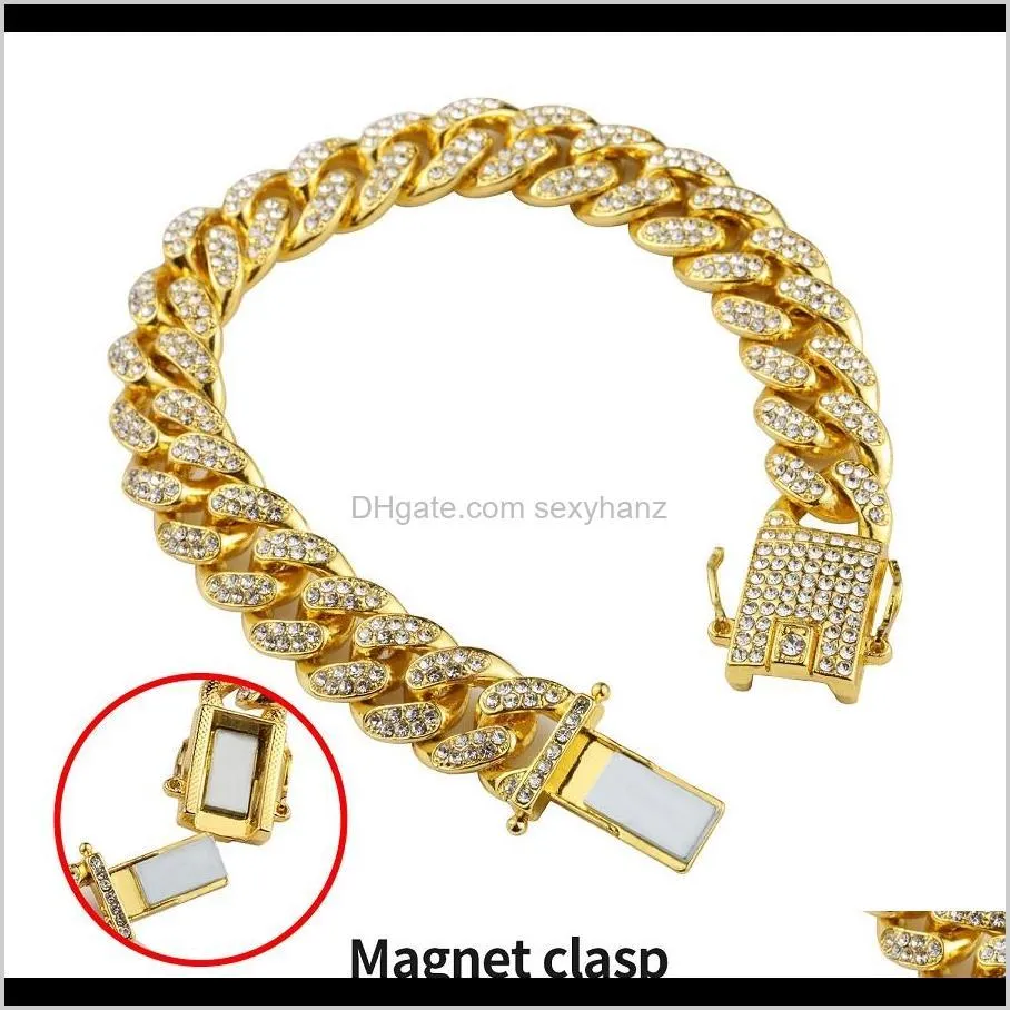 full rhinestone men`s stainless steel biker bracelet gold silver color double safety magnet clasp fashion hip hop jewelry bracelets for