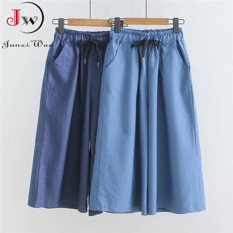 Mode coréenne femmes Jeans Shorts jupes été solide taille élastique lâche décontracté Denim jambe large pantalon court 210510