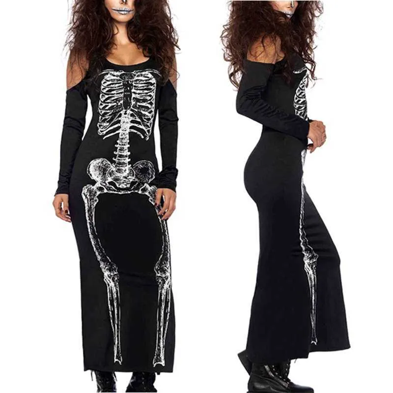 Robe noire à manches longues Costume d'Halloween pour femme Squelette effrayant Sexy sans bretelles 1 pièce Y1006