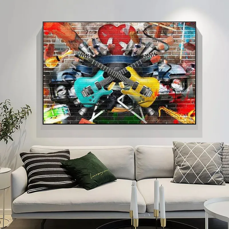 Collage of Music Wall Art Color and Bright Musical Wall Decor Graffiti Large Canvas Print Retro Car Gitars Wall Art Drums Poster