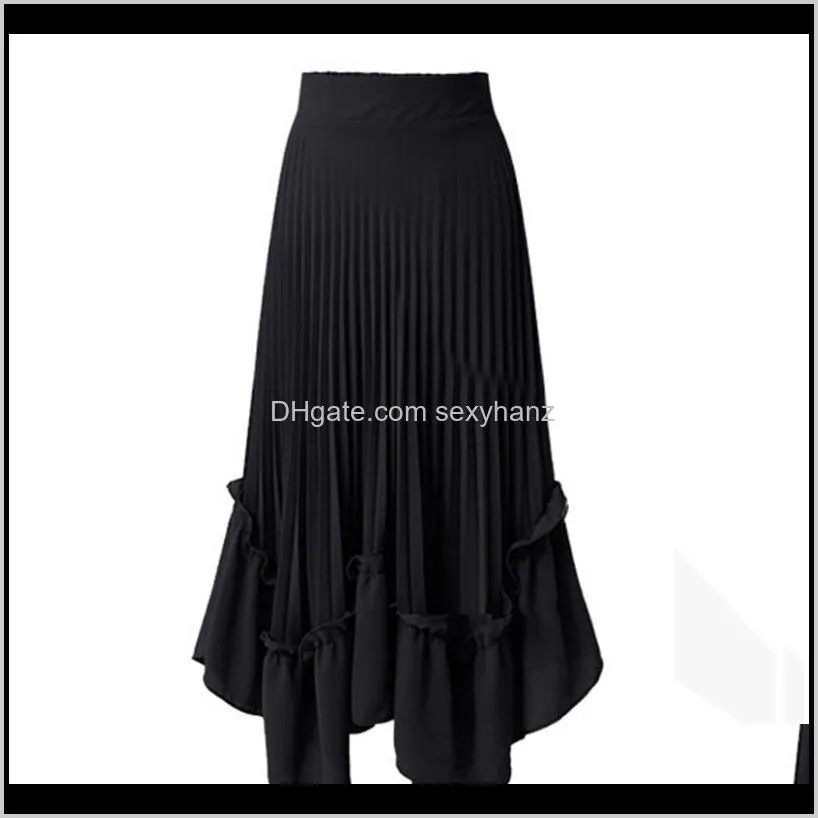 autumn women long skirt green black elastic waist ruffle long pleated asymmetrical skirt plus size chiffon 4xl jupe longue1