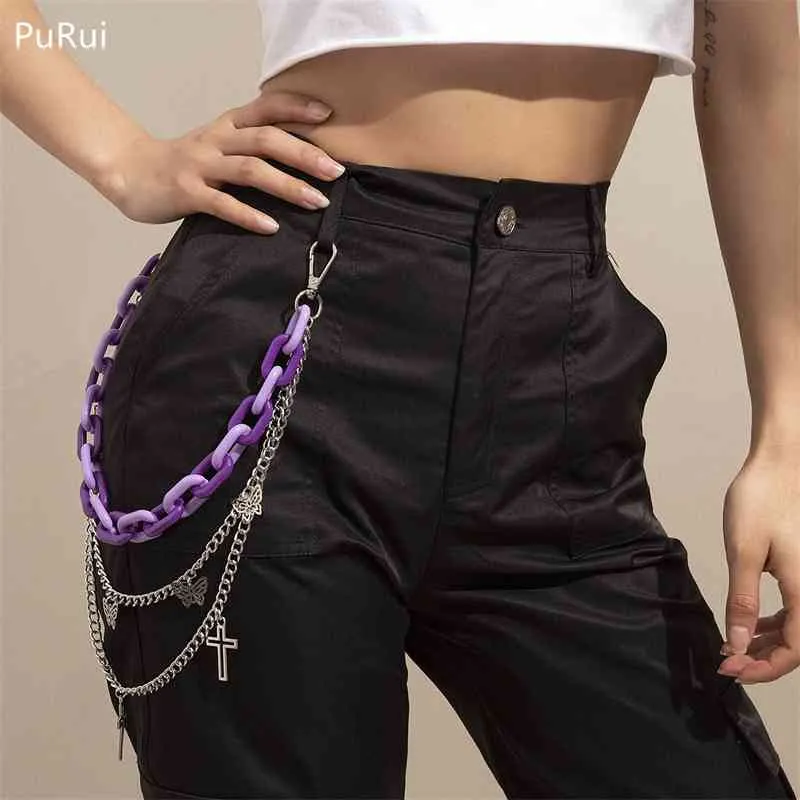 PuRui gothique croix papillon pendentif jean porte-clés taille chaîne pour femmes Kpop coloré acrylique multicouche corps chaînes bijoux