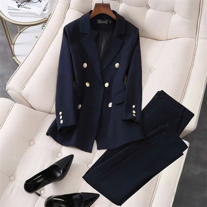 L-5XL grote maat Pak Navy Blue Jacket Interview Professionele vrouwen Lange mouwen Broek Hoge Kwaliteit 210925