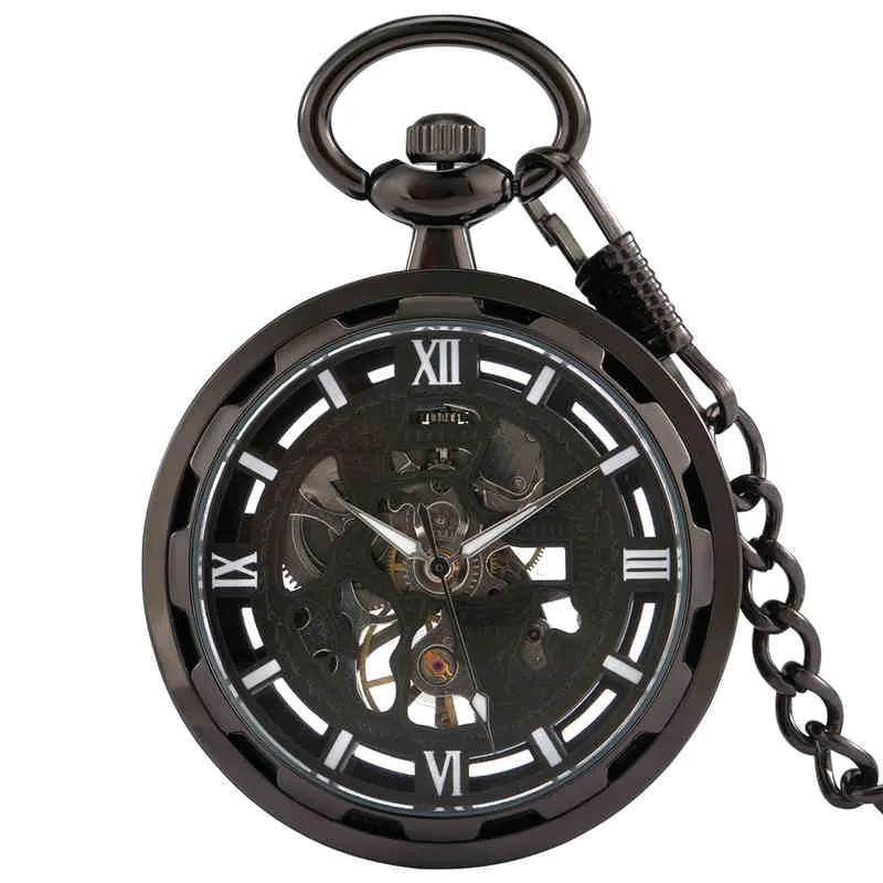 Man Kvinna Svart Utan Cover Roman Numrals Ring Manuell Maskiner Steampunk Pocket Watch Tjockkedja High-End Full