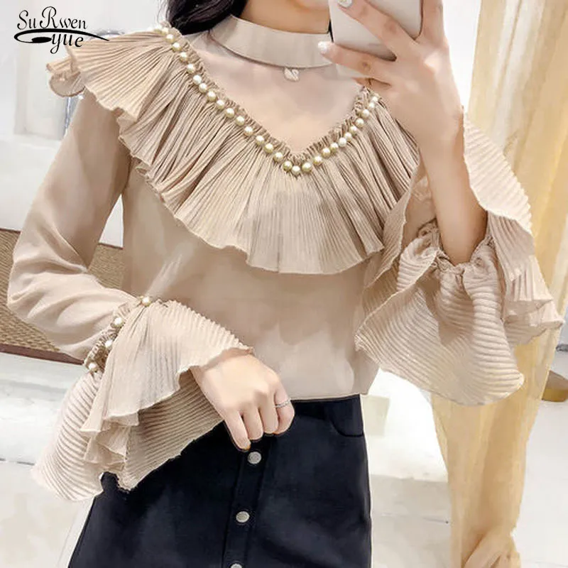 Höst Mode Eleganta Ruffle Toppar Kläder Western Style Hollow Out Långärmad Chiffon Blus kemisier Femme 10611 210521