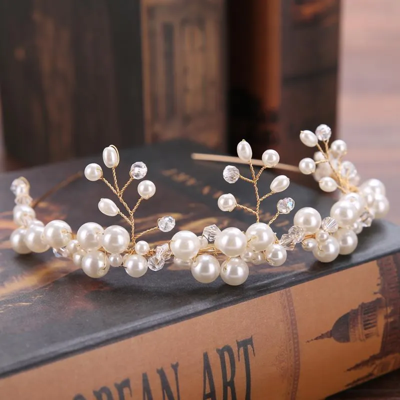 Hair Clips & Barrettes Trendy Gold Pearl Wedding Tiara Hairwear Woman Jewelry Handmade Crystal Hairband Headwear Bride Accessories Gift Desi