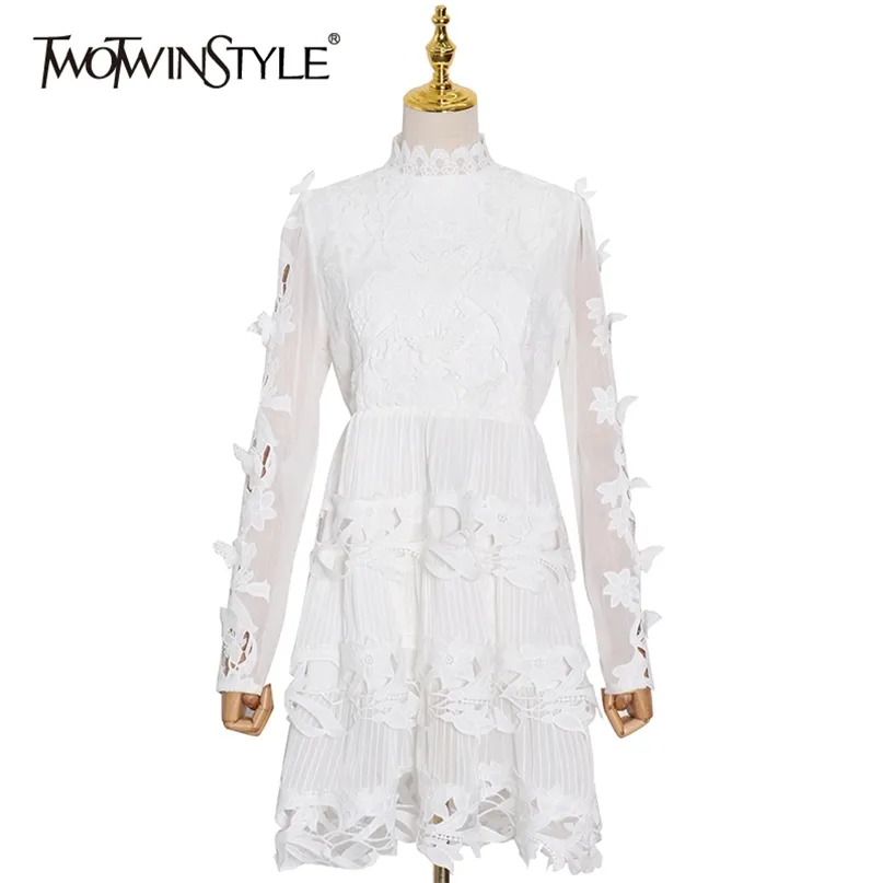 Elegant spets Patchwork Appliques Dress for Women Stand Collar Långärmad Hög midja Söt Klänningar Kvinna Fashion 210520